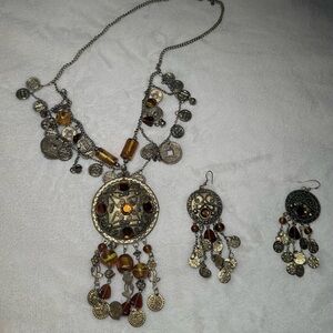 Bohemian Silver and Gold Necklace and Earring Set
